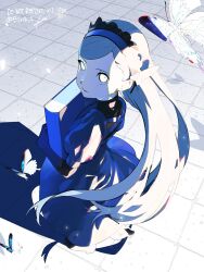 Rule 34 | 1girl, blue butterfly, blue dress, book, btmr game, bug, butterfly, closed mouth, dress, from above, hairband, holding, holding book, insect, lavenza (persona 5), long hair, looking at viewer, persona, persona 5, puffy sleeves, signature, solo, standing, twitter username, very long hair, yellow eyes