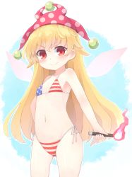 Rule 34 | &gt;:), 1girl, american flag bikini, american flag print, bare arms, bare shoulders, bikini, blonde hair, blue background, blue bikini, blush, clownpiece, commentary request, cowboy shot, fairy wings, flag print, flat chest, groin, hair between eyes, hat, highres, holding, holding torch, jester cap, kibisake, long hair, looking at viewer, navel, outline, pink hat, polka dot headwear, print bikini, red bikini, red eyes, shiny skin, side-tie bikini bottom, smile, solo, standing, star (symbol), star print, stomach, striped bikini, striped clothes, swimsuit, thighs, torch, touhou, two-tone background, v-shaped eyebrows, very long hair, white background, white bikini, white outline, wings