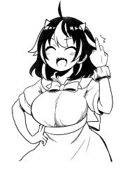 Rule 34 | 1girl, ahoge, blush, bow, bracelet, breasts, closed eyes, cowboy shot, cracked bracelet, dress, greyscale, hair between eyes, hand on own hip, highres, himajin noizu, hip focus, horns, jewelry, kijin seija, large breasts, laughing, middle finger, monochrome, multicolored hair, open mouth, sharp teeth, short hair, short sleeves, simple background, solo, streaked hair, teeth, touhou, waist bow, white background
