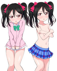 Rule 34 | 10s, 1girl, absurdres, bare arms, bare shoulders, black hair, blush, bottomless, bow, clothes pull, covering privates, covering chest, embarrassed, flat chest, hair bow, highres, looking at viewer, love live!, love live! school idol project, medium hair, multiple views, navel, no panties, otonokizaka school uniform, red bow, red eyes, school uniform, shirt, shirt pull, shirt tug, simple background, skirt, standing, sweatdrop, topless, twintails, wewe, white background, yazawa nico