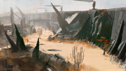 Rule 34 | arknights, arknights: endfield, boat, broken, commentary, company name, concept art, copyright notice, crystal, desert, english commentary, highres, industrial pipe, no humans, official art, originium (arknights), outdoors, sand, scenery, science fiction, tree, watercraft, watermark