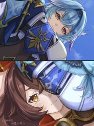 Rule 34 | 2girls, amber (genshin impact), black hairband, blue hair, blue necktie, breast shadow, breasts, brown hair, chinese commentary, closed mouth, commentary request, dated, eula (genshin impact), expressionless, from below, genshin impact, hair ornament, hairband, highres, lap pillow, large breasts, light blue hair, long hair, looking down, medium hair, multiple girls, necktie, scene reference, shadow, sousou no frieren, yellow eyes, yilubixi