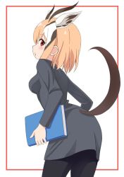 Rule 34 | 1girl, animal ears, bad id, bad twitter id, black pantyhose, book, brown eyes, brown hair, commentary request, cowboy shot, extra ears, formal, gazelle ears, gazelle horns, gazelle tail, grey jacket, grey skirt, holding, holding book, ilyfon133, jacket, kemono friends, long sleeves, looking at viewer, looking back, multicolored hair, office lady, orange hair, pantyhose, pencil skirt, short hair, skirt, skirt suit, solo, suit, suit jacket, thomson&#039;s gazelle (kemono friends), white hair