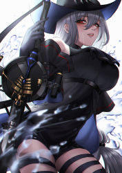 Rule 34 | 1girl, arknights, black gloves, breasts, commentary request, expulse, gloves, grey hair, hair between eyes, hat, highres, holding, holding weapon, large breasts, long hair, looking at viewer, parted lips, red eyes, skadi (arknights), solo, very long hair, weapon