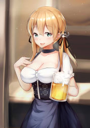 Rule 34 | 10s, 1girl, alcohol, anchor hair ornament, beer, beer mug, blonde hair, blue eyes, blush, breasts, cleavage, cross, cup, dirndl, dress, german clothes, hair ornament, hand on own chest, highres, iron cross, kantai collection, large breasts, long hair, looking at viewer, low twintails, mug, oktoberfest, open mouth, poyi (max30788), prinz eugen (kancolle), smile, solo, standing, twintails, underbust