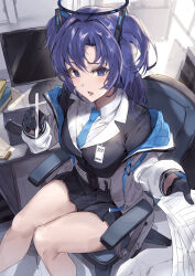 Rule 34 | 1girl, belt, black gloves, black skirt, blue archive, blue eyes, blue hair, blue necktie, breasts, chair, collared shirt, desk, drawing tablet, from above, gloves, halo, highres, holding, holding paper, id card, jacket, long hair, looking at viewer, medium breasts, millennium science school logo, miniskirt, monitor, nasubin (nasubisamurai15), necktie, off shoulder, office chair, open clothes, open jacket, open mouth, paper, school uniform, shirt, sitting, skirt, solo, stylus, swivel chair, thighs, two side up, white jacket, yuuka (blue archive)