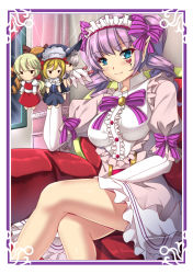 Rule 34 | 10s, 1girl, black dress, blonde hair, blue eyes, blunt bangs, blush, bonnet, border, bow, breasts, brown hair, cardfight!! vanguard, chair, crossed legs, doll, dress, drill hair, eyebrows, frilled dress, frills, gloves, hair bow, head wreath, headdress, heart, highres, holding, juliet sleeves, layered sleeves, long hair, long sleeves, looking at viewer, low ponytail, nightmare doll alice, nightmare doll catherine, nightmare doll ginny, nightmare doll master brenda, ponytail, puffy short sleeves, puffy sleeves, puppet, purple bow, red dress, sheita, short hair, short over long sleeves, short sleeves, silver hair, sitting, smile, solo, string, striped, striped bow, tattoo, twin drills, white gloves