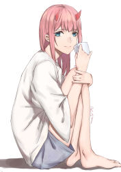 Rule 34 | 10s, 1girl, absurdres, aqua eyes, blue shorts, commentary request, darling in the franxx, highres, holding mug, horns, hugging own legs, liudaohai6001, long hair, looking at viewer, pink hair, red horns, shirt, shorts, simple background, solo, white shirt, zero two (darling in the franxx)