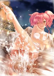 Rule 34 | 10s, 1girl, ;p, bare shoulders, barefoot, blush, breasts, eyelashes, feet, highres, idolmaster, idolmaster cinderella girls, jougasaki mika, long hair, looking at viewer, medium breasts, naked towel, one eye closed, onsen, pink hair, rin2008, sitting, smile, soles, solo, sparkle, splashing, toes, tongue, tongue out, towel, twintails, two side up, water, wet, yellow eyes