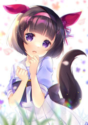Rule 34 | 1girl, :d, animal ears, bad id, bad pixiv id, black hair, blurry, blurry foreground, commentary request, depth of field, hair ornament, hairband, hairclip, hands up, head tilt, highres, horse ears, horse girl, horse tail, ko yu, looking at viewer, nishino flower (umamusume), open mouth, pink hairband, pleated skirt, puffy short sleeves, puffy sleeves, purple eyes, purple shirt, school uniform, shirt, short hair, short sleeves, skirt, smile, solo, tail, tracen school uniform, umamusume, white skirt, x hair ornament