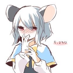 Rule 34 | 1girl, animal ears, blush, covering own mouth, dated, grey hair, kozakura (dictionary), mouse ears, mouse tail, nazrin, red eyes, short hair, simple background, solo, tail, touhou