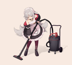 Rule 34 | 1girl, absurdres, azur lane, black footwear, black jacket, breasts, closed eyes, commentary, dress, english commentary, full body, grey hair, hair flaps, headpiece, highres, holding, holding vacuum cleaner, jacket, long hair, maid, maid headdress, off shoulder, open clothes, open jacket, pantyhose, pg (pege544), shoes, simple background, sleeveless, sleeveless dress, small breasts, solo, standing, vacuum cleaner, z46 (azur lane), z46 (chronicles of the dust wars) (azur lane)