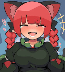 1girl animal_ear_fluff animal_ears black_bow black_dress black_tail blush bow braid breasts cat_ears cat_tail collar collared_dress dress extra_ears fang frilled_collar frills hair_bow hari_oekaki highres kaenbyou_rin laughing long_hair long_sleeves open_mouth pointy_ears red_eyes red_hair sleeve_ribbon solo sweat tail tears tongue touhou twin_braids upper_body