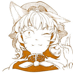 Rule 34 | 1girl, animal ears, cat ears, chen, earrings, hat, hi you (flying bear), jewelry, monochrome, one eye closed, short hair, simple background, smile, solo, touhou, white background