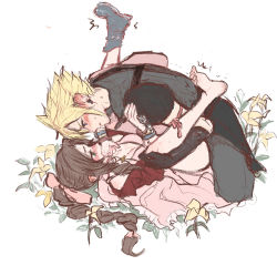 Rule 34 | 1boy, 1girl, aerith gainsborough, arm ribbon, armor, barefoot, black pants, black shirt, blonde hair, blush, boots, unworn boots, bracelet, braid, breasts, brown hair, cleavage, clothed sex, cloud strife, couple, curly hair, dress, earrings, field, final fantasy, final fantasy vii, final fantasy vii advent children, final fantasy vii remake, flower, flower field, gloves, hair ribbon, hetero, jacket, jewelry, long dress, necklace, one shoe removed, pants, parted bangs, pink dress, pink ribbon, red jacket, ribbon, sex, shell (shell518), shirt, shoulder armor, sidelocks, single earring, spiked hair, square enix, suspenders, sweat, yellow flower