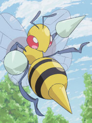 Rule 34 | absurdres, animal focus, antennae, beedrill, bright pupils, cloud, commentary request, creatures (company), day, game freak, gen 1 pokemon, highres, looking down, nintendo, no humans, outdoors, pink eyes, pokemon, pokemon (creature), polyushitako, sky, white pupils
