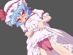 Rule 34 | 1girl, blue hair, cameltoe, clothes lift, dress, dress lift, grey background, hat, mob cap, no wings, panties, pink dress, puffy short sleeves, puffy sleeves, pussy juice, red eyes, red panties, remilia scarlet, short sleeves, simple background, skirt, skirt lift, solo, standing, touhou, uguisu (happy turn), underwear, upskirt, wet, wet clothes, wet panties