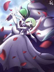 Rule 34 | arm blade, colored skin, creatures (company), dancing, dress, falling petals, gallade, game freak, gardevoir, gen 3 pokemon, gen 4 pokemon, green hair, hand on another&#039;s back, highres, holding hands, mega gallade, mega gardevoir, mega pokemon, moon, night, night sky, nintendo, petals, pink eyes, pokemon, pokemon (creature), shabana may, signature, sky, weapon, white dress, white skin