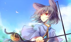 Rule 34 | 1girl, animal ears, basket, capelet, cloud, day, dowsing rod, grey hair, jewelry, kutsuki kai, mouse (animal), mouse ears, mouse tail, nazrin, pendant, petals, red eyes, sky, solo, tail, touhou