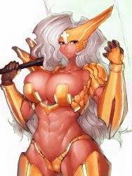 Rule 34 | 1girl, abs, armor, axe, breasts, cleavage, dark skin, dark-skinned female, fumio (rsqkr), gauntlets, large breasts, looking at viewer, muscle, muscular, muscular female, pauldrons, shoulder armor, solo, thighs, weapon