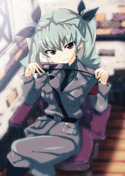 Rule 34 | 10s, 1girl, anchovy (girls und panzer), bad id, bad pixiv id, belt, black footwear, black shirt, blouse, boots, crossed legs, dress shirt, girls und panzer, grey pants, grin, hair ribbon, jacket, knee boots, long hair, long sleeves, looking at viewer, military, military uniform, nanai, necktie, pants, pants tucked in, purple eyes, ribbon, riding crop, shirt, silver hair, sitting, smile, solo, twintails, uniform