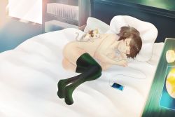 Rule 34 | 1girl, absurdres, bed, bedroom, bookshelf, brown hair, casual, cat, cat on person, green thighhighs, headphones, highres, lamp, listening to music, lofi girl, lofi girl (youtube), phone, pussy, rainywins, short ponytail, sleeping, smile, solo focus, source request, sunlight, thighhighs, window, wrinkled fabric