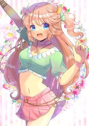 Rule 34 | 1girl, arm up, blue eyes, blue flower, blush, breasts, brown hair, collar, collarbone, commission, copyright request, flower, freckles, green shirt, hair between eyes, hand up, horns, kou hiyoyo, long hair, looking at viewer, medium breasts, navel, one side up, pink collar, pink skirt, pleated skirt, puffy short sleeves, puffy sleeves, red flower, shirt, short eyebrows, short sleeves, skeb commission, skirt, solo, striped, striped background, thick eyebrows, vertical stripes, very long hair, white background