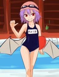 Rule 34 | 1girl, alternate costume, bare arms, bat wings, character name, closed mouth, fang, fang out, goggles, goggles on headwear, hair between eyes, highres, holding, looking at viewer, miyo (ranthath), name tag, one-piece swimsuit, purple hair, red eyes, remilia scarlet, solo, sweat, swim cap, swimsuit, thigh gap, touhou, wings