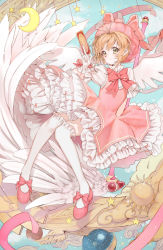 Rule 34 | 1girl, antenna hair, blush, bow, bowtie, brown hair, card, cardcaptor sakura, closed mouth, crescent moon symbol, dress, floating, frilled dress, frills, globe, gloves, green eyes, hair between eyes, hat, holding, holding card, kinomoto sakura, looking at viewer, mins (minevi), pink bow, pink bowtie, pink dress, pink footwear, pink hat, puffy short sleeves, puffy sleeves, shoes, short hair, short sleeves, smile, solo, staff, star (symbol), thighhighs, white gloves, white thighhighs, wings