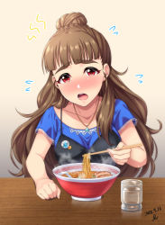 Rule 34 | 1girl, badge, black camisole, blue shirt, blunt bangs, blush, bowl, braid, brown hair, button badge, camisole, chopsticks, collarbone, cup, dated, drinking glass, fingernails, flying sweatdrops, food, french braid, hair bun, head tilt, highres, holding, holding chopsticks, idolmaster, idolmaster cinderella girls, kamiya nao, long hair, looking at viewer, meat, noodles, nose blush, open mouth, ramen, red eyes, reflection, shirt, short sleeves, signature, single hair bun, solo, spaghetti strap, spoon, steam, table, tareme, thick eyebrows, upper body, wooden table, yoohi
