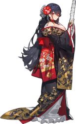 Rule 34 | 1girl, black hair, blush, breasts, choker, cleavage, floral print, full body, hair between eyes, hair ornament, holding, holding sheath, holding weapon, iron saga, japanese clothes, kimono, kishiyo, large breasts, long hair, long sleeves, looking at viewer, mole, mole on breast, nail polish, oboro (iron saga), official art, red choker, red eyes, sheath, solo, standing, transparent background, very long hair, weapon, wide sleeves