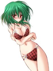 Rule 34 | 1girl, adapted costume, arms under breasts, bikini, blush, breast hold, breasts, cleavage, collarbone, crossed arms, danshaku, dutch angle, female focus, frown, green hair, head tilt, kazami yuuka, large breasts, looking at viewer, lying, messy hair, navel, nose blush, on back, plaid, plaid bikini, red bikini, red eyes, short hair, simple background, solo, standing, stomach, swimsuit, touhou, white background