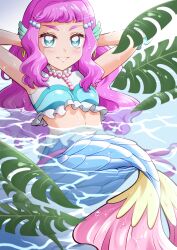 1girl absurdres arms_up blue_eyes blush crop_top earrings highres jewelry laura_la_mer leaf long_hair mermaid midriff monster_girl multicolored_shirt navel necklace open_mouth pearl_hair_ornament precure purple_hair raina_(14758801) smile solo tropical-rouge!_precure water