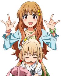 Rule 34 | 10s, 2girls, \m/, absurdres, age difference, akizuki ritchan, blonde hair, bracelet, breast rest, breasts, breasts on head, brown eyes, brown hair, child, closed eyes, futaba anzu, highres, idolmaster, idolmaster cinderella girls, jewelry, long hair, looking at viewer, moroboshi kirari, multiple girls, necklace, onee-loli, open mouth, simple background, smile, star (symbol), stuffed animal, stuffed toy, transparent background, twintails, white background