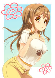 Rule 34 | 10s, 1girl, blush, breasts, brown eyes, brown hair, clenched hands, commentary, hands on own chest, highres, kunikida hanamaru, large breasts, long hair, love live!, love live! school idol festival, love live! sunshine!!, midriff, navel, off-shoulder shirt, off shoulder, open fly, open mouth, panties, panty slip, paw print, pink panties, shimashima salmon, shirt, short sleeves, solo, unbuttoned, underwear