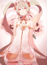 Rule 34 | 1girl, arms behind back, ballet dress, bare shoulders, character name, chest tattoo, chinese commentary, collar, commentary, dress, floral background, floral print, gold trim, green hair, grin, hair ornament, hatsune miku, highres, long hair, looking at viewer, miku symphony (vocaloid), neck ribbon, ribbon, see-through, see-through dress, smile, strapless, strapless dress, tattoo, thighhighs, twintails, very long hair, vocaloid, white dress, yaoku, yellow eyes
