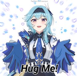 Rule 34 | 1girl, asiri senpai, blue hair, english text, eula (genshin impact), genshin impact, gloves, hairband, highres, long sleeves, looking at viewer, outstretched arms, smile