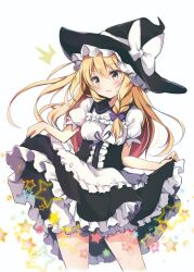 Rule 34 | 1girl, black hat, blonde hair, bow, braid, clothes lift, commentary request, hat, hat bow, highres, hyurasan, kirisame marisa, lifting own clothes, long hair, second-party source, short sleeves, side braid, simple background, single braid, solo, star (symbol), touhou, white background, white bow, witch hat, yellow eyes