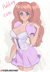 Rule 34 | 1girl, blue eyes, blush, breasts, charlotte pudding, cleavage, closed mouth, cross-laced clothes, cross-laced dress, dress, highres, large breasts, long hair, one piece, pink dress, rita ya, sketch, solo, twintails