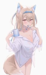 Rule 34 | 1girl, absurdres, animal ear fluff, animal ears, blonde hair, blue headband, breasts, brushing teeth, choker, cleavage, cropped legs, cup, dog ears, dog girl, dog tail, double-parted bangs, fang, fuwawa abyssgard, headband, highres, holding, holding cup, hololive, hololive english, large breasts, long hair, looking at viewer, midori xu, mug, multicolored hair, naked shirt, pink eyes, shirt, sidelocks, standing, streaked hair, tail, thighs, two side up, white background, white choker