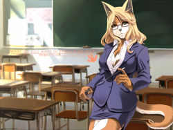 Rule 34 | 1girl, animal ears, blonde hair, breasts, chair, chalkboard, classroom, cleavage, desk, english text, female focus, furry, furry female, glasses, highres, holding, indoors, long hair, school, shirt, skirt, solo, standing, sumomo kpa, tail, teacher