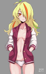 Rule 34 | 1girl, alternate hairstyle, blonde hair, bow, bow panties, breasts, closed mouth, commentary, cowboy shot, crotch seam, dated, frown, grey background, grey panties, hair down, hair over one eye, hands in pockets, highres, jacket, long hair, looking at viewer, medium breasts, multicolored hair, navel, nikaidou saki, no bra, no pants, open clothes, open jacket, orange eyes, orange hair, panties, simple background, solo, standing, streaked hair, sumiosmith, underwear, zombie land saga