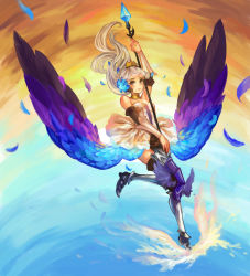 Rule 34 | 1girl, absurdres, anonymous drawfag, armor, armored dress, bare shoulders, crown, detached sleeves, drawfag, dress, feathers, greaves, gwendolyn (odin sphere), highres, leg wings, long hair, low wings, multicolored wings, non-web source, odin sphere, polearm, purple eyes, solo, spear, strapless, strapless dress, weapon, white hair, wings