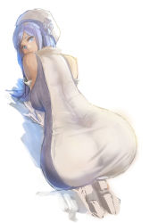 Rule 34 | 10s, 1girl, aila jyrkiainen, all fours, ass, bad id, bad pixiv id, bare shoulders, blue eyes, blue hair, breasts, dress, full body, gundam, gundam build fighters, hat, highres, huge ass, large breasts, long hair, looking at viewer, looking back, matching hair/eyes, shoes, skirt, sky of morika, solo