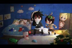 Rule 34 | 3boys, 3girls, aerith gainsborough, alternate costume, animal ear headwear, antlers, artist name, bad id, bad pixiv id, black hair, black headwear, black jacket, black pants, blonde hair, blue eyes, bow, brother and sister, brown hair, chibi, child, christmas, closed eyes, cloud strife, crop top, dated, drawing, fake animal ears, fake facial hair, fake mustache, final fantasy, final fantasy vii, finger to mouth, fur trim, green bow, hair between eyes, hair bow, hat, horns, if they mated, indoors, jacket, krudears, leaning forward, long hair, merry christmas, moogle, multiple boys, multiple girls, on bed, pants, parent and child, red eyes, red nose, reindeer antlers, rug, sabotender, santa hat, short hair, siblings, sleeping, spiked hair, striped, striped bow, toy car, under covers, vincent valentine, yuffie kisaragi