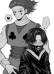 Rule 34 | ..., 2boys, card, club (shape), covered mouth, feitan portor, greyscale, heart, height difference, highres, hisoka morow, holding, holding card, hunter x hunter, looking to the side, male focus, monochrome, multiple boys, ppox, short hair, simple background, smile, spade (shape), spoken ellipsis, spoken heart, upper body, white background