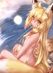 Rule 34 | 1girl, ahoge, animal ear fluff, animal ears, back, blonde hair, blush, breasts, cherry blossoms, commentary request, completely nude, fang, fox ears, fox girl, fox tail, full moon, hair between eyes, highres, horokusa (korai), korai (horokusa), long hair, looking at viewer, moon, moon reflection, nude, onsen, original, reflection, reflective water, sitting, small breasts, smile, solo, tail, yellow eyes