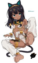 Rule 34 | 1girl, animal ears, ankh, bad id, bad twitter id, barefoot, black hair, blunt bangs, bracelet, cat ears, cat tail, dark-skinned female, dark skin, egyptian clothes, feet, female focus, flat chest, green eyes, harem pants, highres, hime cut, jewelry, light soles, long hair, lying, nail polish, on back, open mouth, original, pants, shisoneri, simple background, soles, solo, tail, thighlet, twitter username, usekh collar, white background