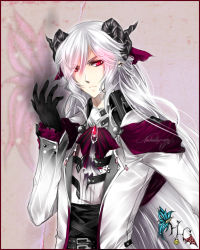 Rule 34 | 1boy, albino, black gloves, bow, character request, gloves, horns, long hair, male focus, neodeadlyraver, pink background, red eyes, ribbon, solo, very long hair, white hair
