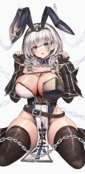 Rule 34 | 1girl, absurdres, adapted costume, animal ears, armor, black thighhighs, breasts, chain, chest harness, cleavage, cuffs, fake animal ears, green eyes, grey hair, harness, highres, hololive, huge breasts, leotard, looking at viewer, maison de cante, medium hair, mole, mole on breast, multicolored leotard, pelvic curtain, rabbit ears, shiny skin, shirogane noel, shirogane noel (1st costume), short hair, skindentation, solo, thick thighs, thighhighs, thighs, virtual youtuber, wavy hair, white background